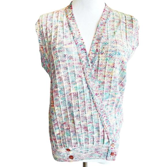 Vintage 80s 90s Rainbow Confetti Sweater Vest Sleeveless Cardigan Small S Y2K - Picture 3 of 9